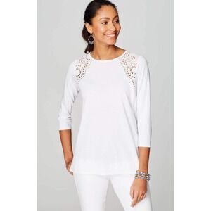 J.Jill Eyelet Knit Top Womens XL White Cottagecore Boho Chic Prairie Peasant